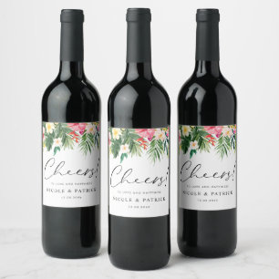 Watercolor Tropical Flowers Summer Wedding Wine Label