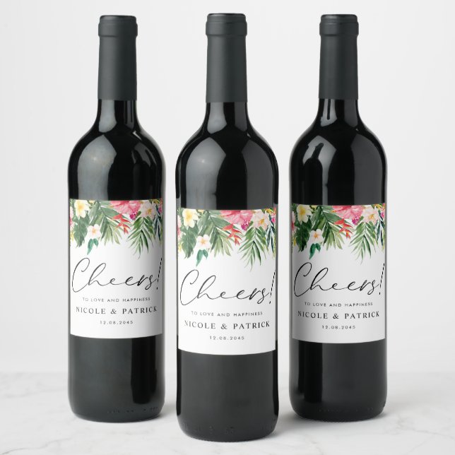 Watercolor Tropical Flowers Summer Wedding Wine Label (Bottles)