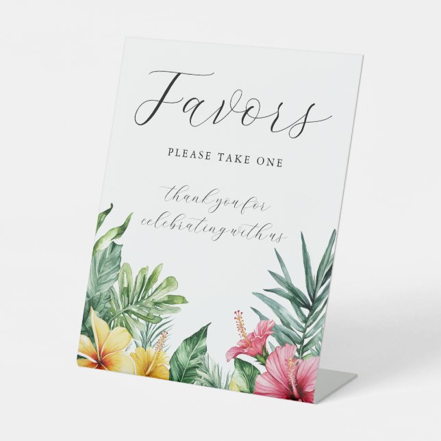 Watercolor Tropical Flowers Wedding Favours Pedestal Sign (Front)