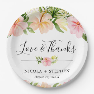 Watercolor Tropical Flowers Wedding Paper Plate