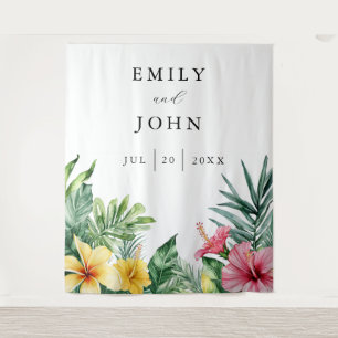 Watercolor Tropical Flowers Wedding Photo Backdrop Tapestry