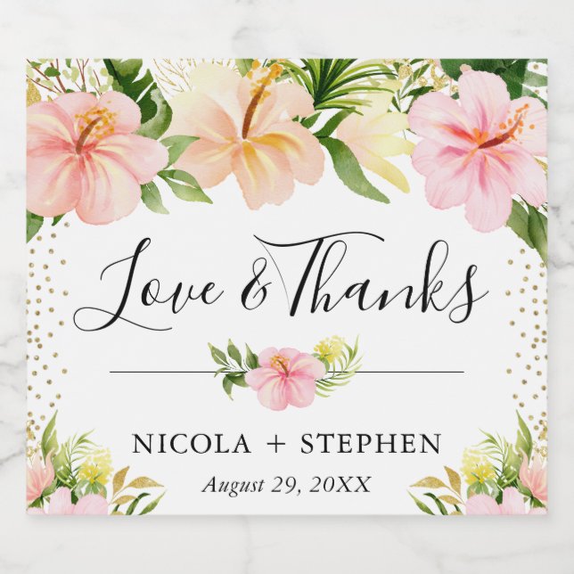 Watercolor Tropical Flowers Wedding Sparkling Wine Label (Single Label)