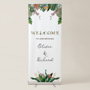 Watercolor Tropical Flowers Wedding Vertical Retractable Banner