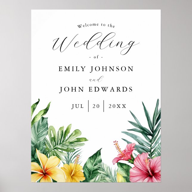 Watercolor Tropical Flowers Wedding Welcome Sign (Front)