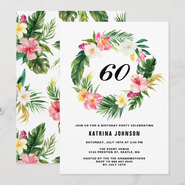Watercolor Tropical Flowers Wreath Birthday Party Invitation (Front/Back)