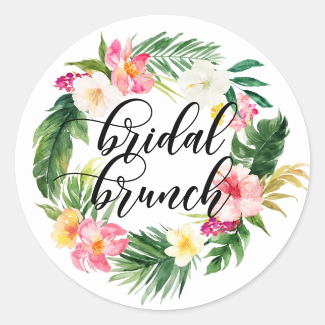 Watercolor Tropical Flowers Wreath Bridal Brunch Classic Round Sticker (Front)