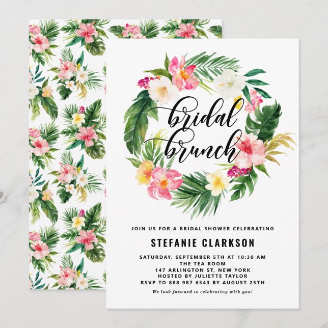 Watercolor Tropical Flowers Wreath Bridal Brunch Invitation (Front/Back)