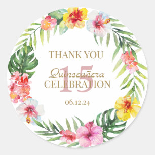 Watercolor Tropical Flowers Wreath Quinceañera Classic Round Sticker