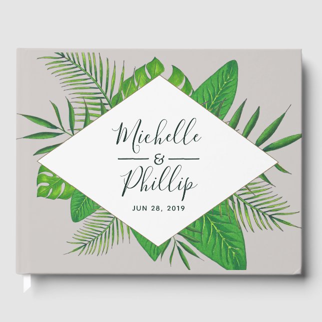 Watercolor tropical foliage Beach Wedding Guest Book (Front)