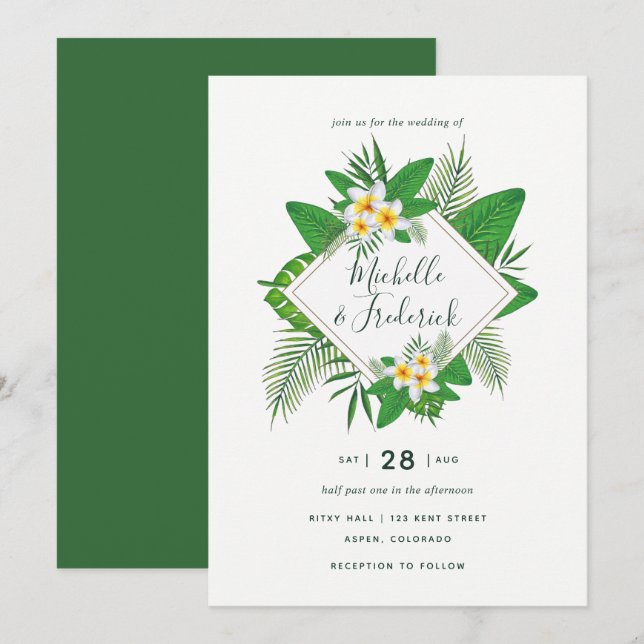 Watercolor tropical foliage Beach Wedding invite (Front/Back)