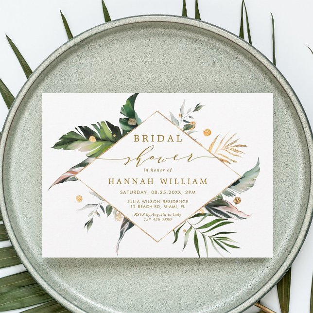 Watercolor Tropical Foliage Gold Bridal Shower Invitation (Creator Uploaded)