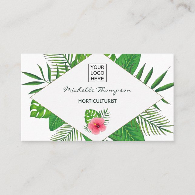 Watercolor tropical foliage personalised business card (Front)
