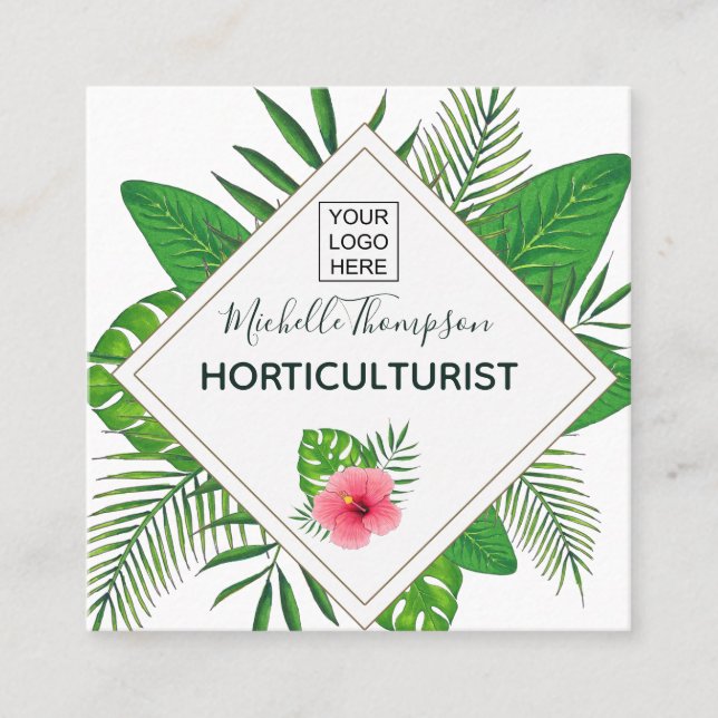 Watercolor tropical foliage personalised square business card (Front)