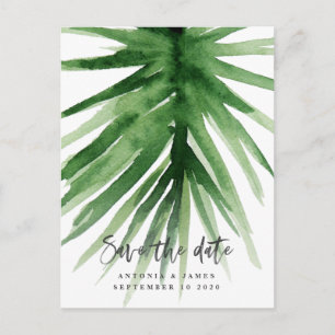 watercolor tropical foliage & script save the date announcement postcard