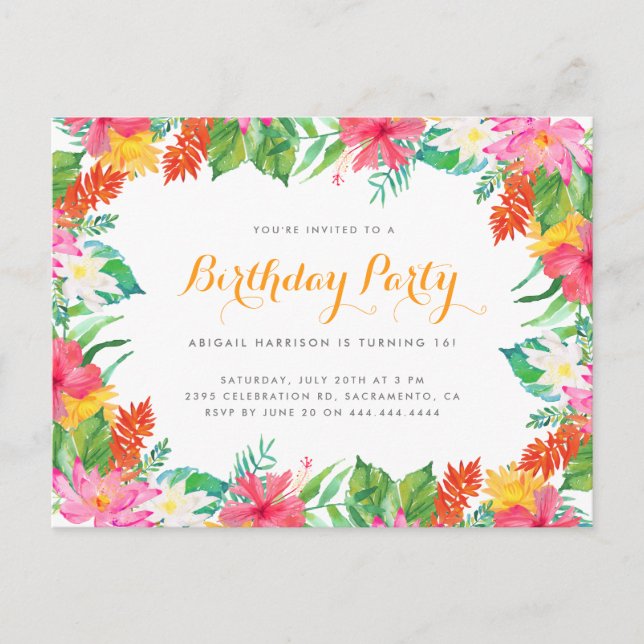 Watercolor Tropical Foliage Summer Birthday Party Invitation Postcard (Front)