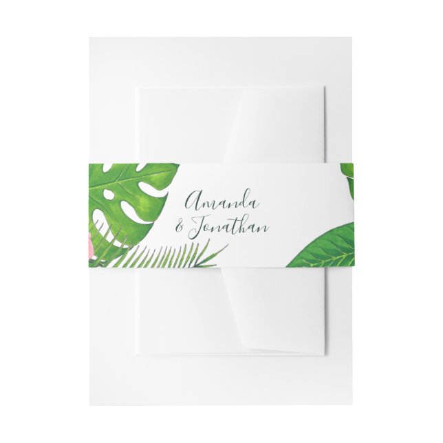 Watercolor tropical foliage Wedding personalised Invitation Belly Band (Front Example)