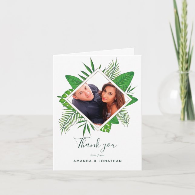 Watercolor tropical foliage Wedding photo thanks Thank You Card (Front)