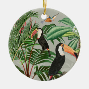 Watercolor Tropical Forest & Toucan Birds Ceramic Tree Decoration