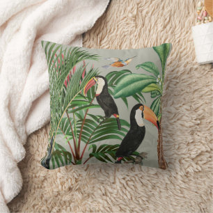 Watercolor Tropical Forest & Toucan Birds Cushion