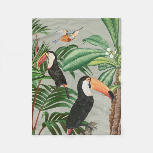 Watercolor Tropical Forest & Toucan Birds Fleece Blanket (Front)