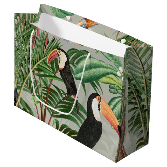 Watercolor Tropical Forest & Toucan Birds Large Gift Bag (Front Angled)