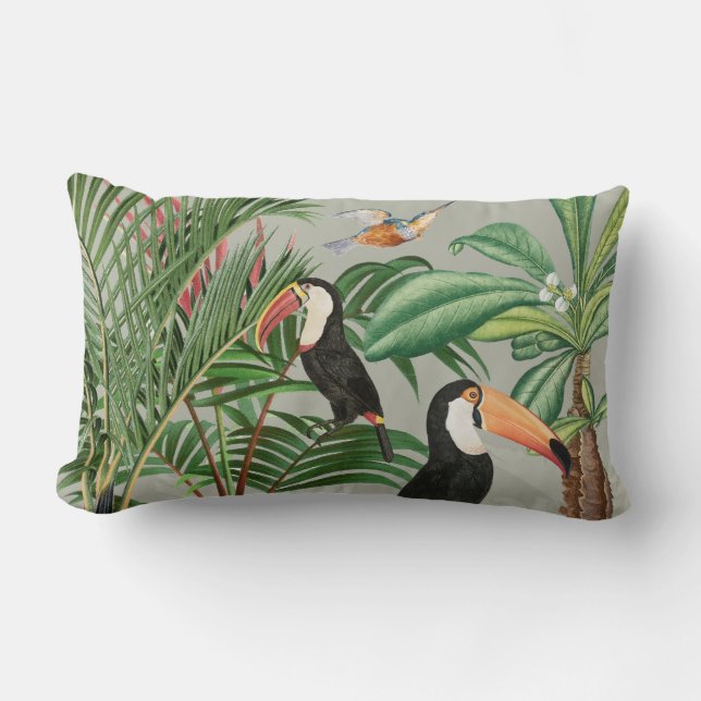 Watercolor Tropical Forest & Toucan Birds Lumbar Cushion (Front)