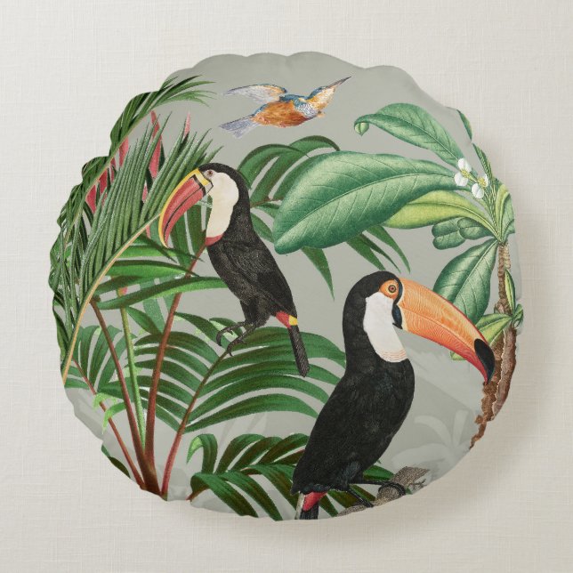Watercolor Tropical Forest & Toucan Birds Round Cushion (Front)