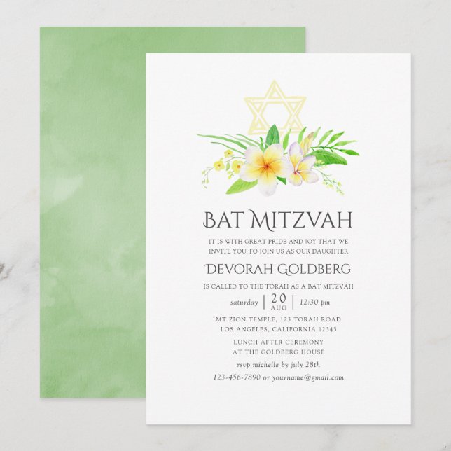 Watercolor Tropical Frangipani Bat Mitzvah Invitation (Front/Back)