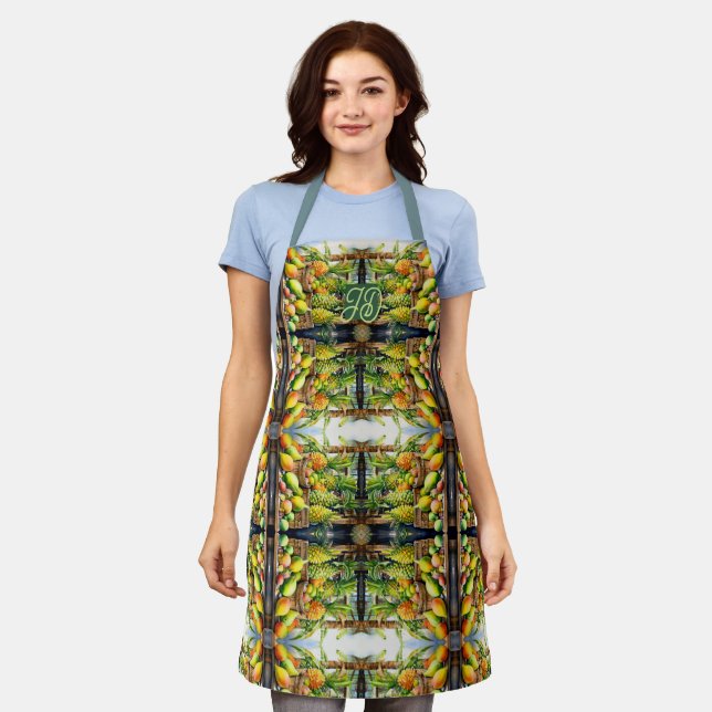 Watercolor Tropical Fruit Stand Monogram Apron 🌺 (Worn)