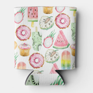 Watercolor tropical fruits, ice cream pattern. can cooler