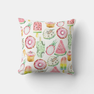 Watercolor tropical fruits, ice cream pattern. cushion