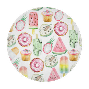 Watercolor tropical fruits, ice cream pattern. cutting board