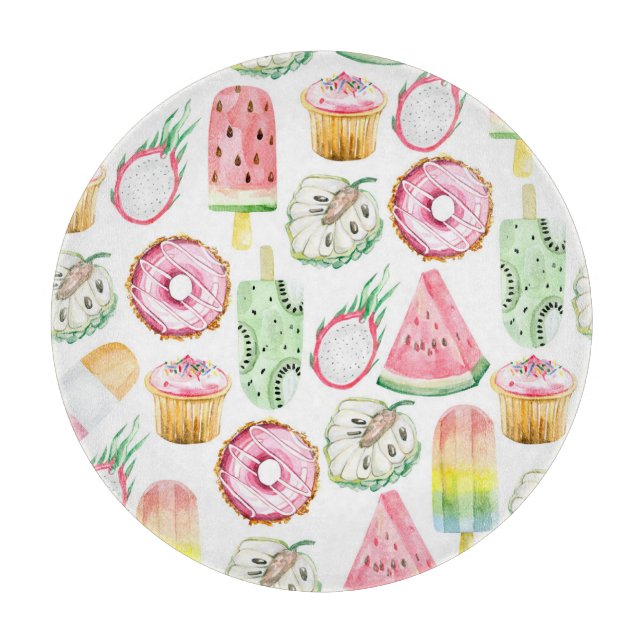 Watercolor tropical fruits, ice cream pattern. cutting board (Front)