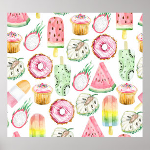Watercolor tropical fruits, ice cream pattern. poster