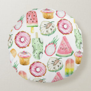 Watercolor tropical fruits, ice cream pattern. round cushion