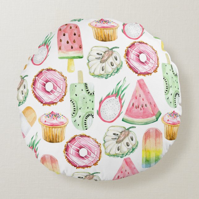 Watercolor tropical fruits, ice cream pattern. round cushion (Front)