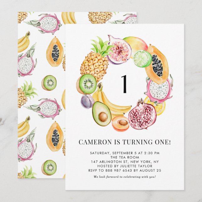 Watercolor Tropical Fruits Summer First Birthday Invitation (Front/Back)