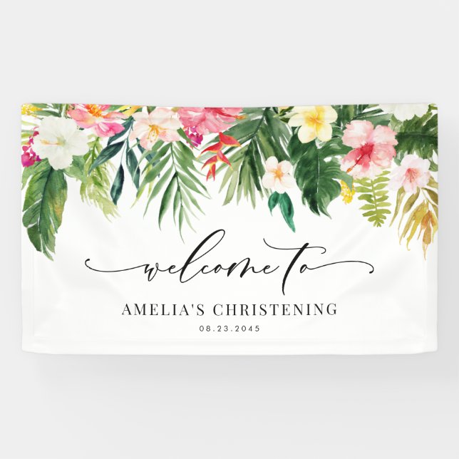 Watercolor Tropical Garland Summer Christening Banner (Horizontal)