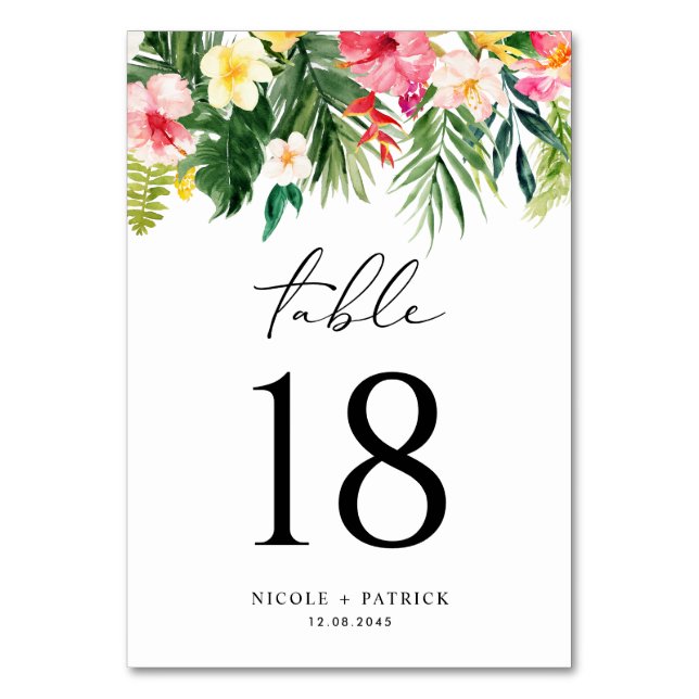 Watercolor Tropical Garland Summer Wedding Table Number (Front)