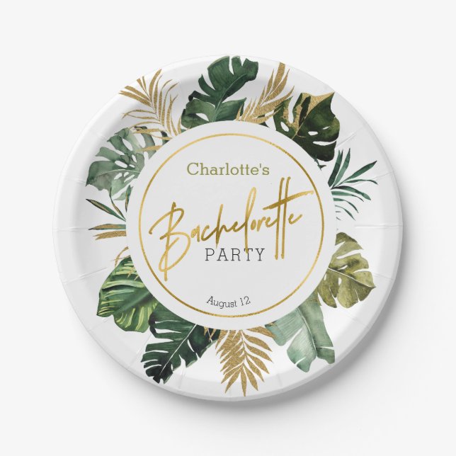 Watercolor Tropical Gold Foil Bachelorette Paper Plate (Front)