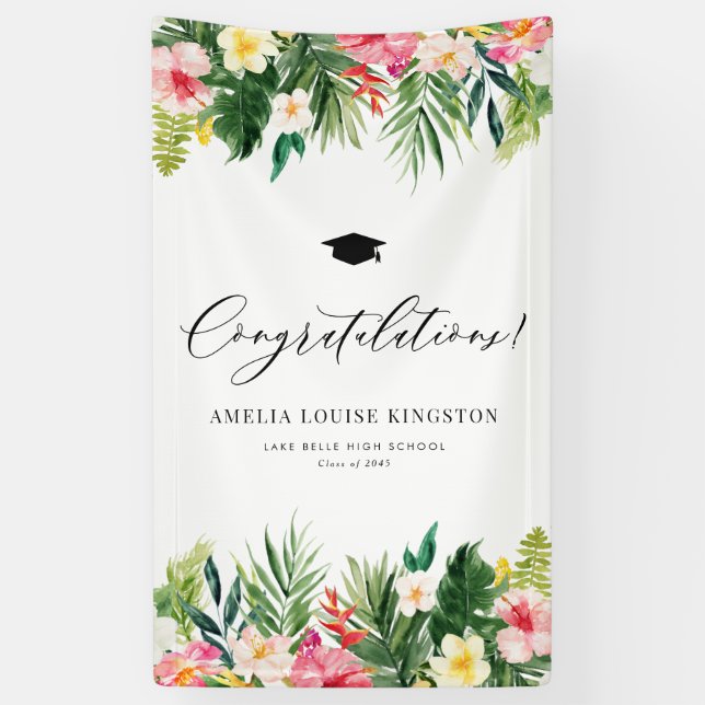 Watercolor Tropical Graduation Congratulations Banner (Vertical)