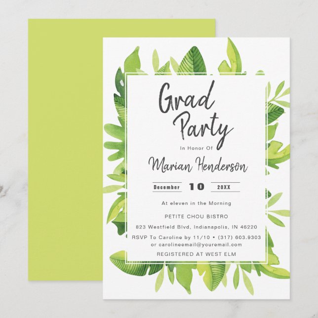 Watercolor Tropical Graduation Party Invitation (Front/Back)