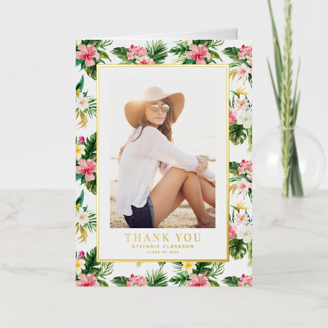 Watercolor Tropical Graduation Photo Thank You Foil Greeting Card (Front)