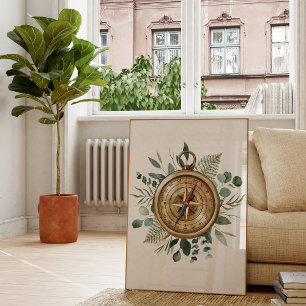 Watercolor Tropical Green Leaves Nature Compass Poster