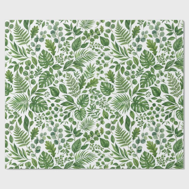 Watercolor Tropical Green Leaves Pattern Wrapping Paper (Flat)