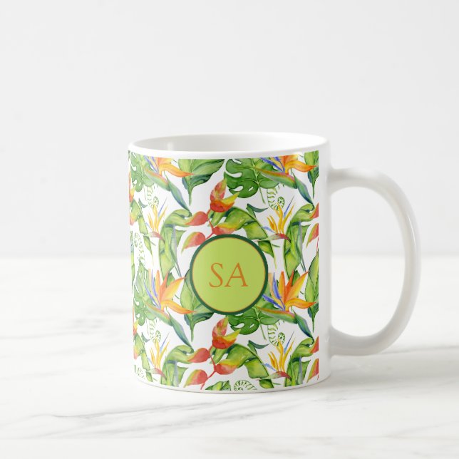 Watercolor Tropical Green Monstera & Orange Leaves Coffee Mug (Right)