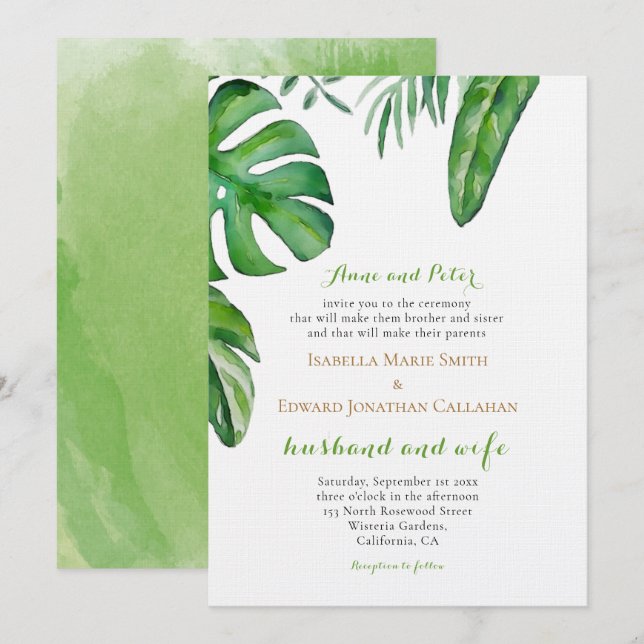 Watercolor Tropical Green Palm Leaves Wedding Invitation (Front/Back)