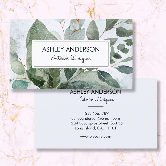 Watercolor Tropical Green Sage Eucalyptus Leaves Business Card (Front and Back)