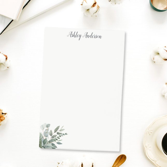 Watercolor Tropical Green Sage Eucalyptus Leaves Post-it Notes (In situ On desk)