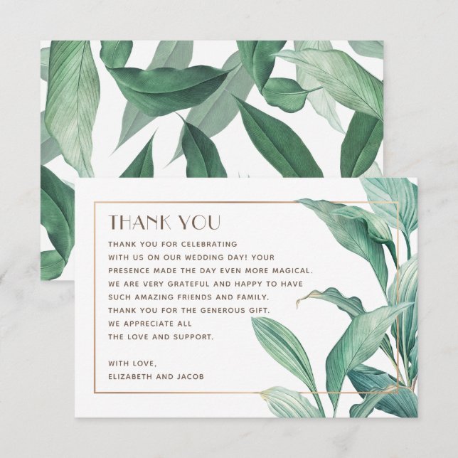 Watercolor tropical greenery. Elegant wedding Thank You Card (Front/Back)